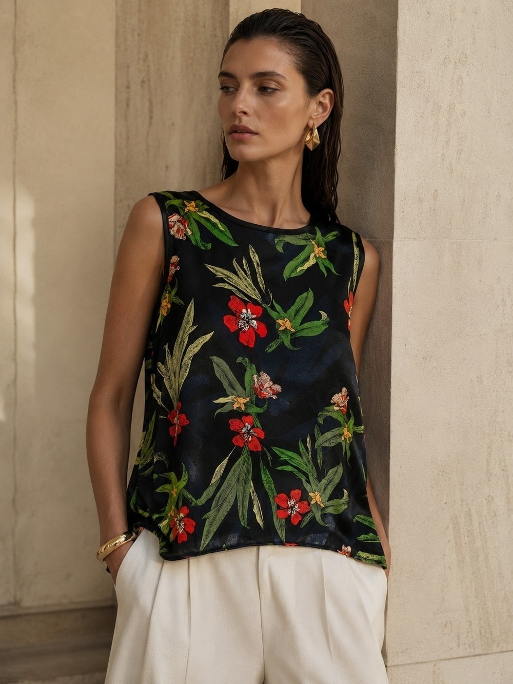 Mario Serrani Floral Tunic Tropical Botanical Top L Resort Holiday Eurovacation